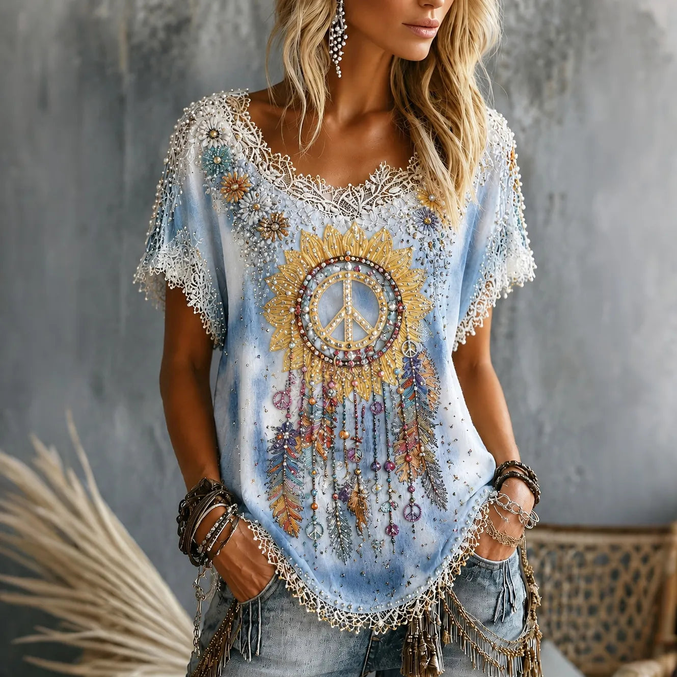 Cardydony Women's Bohemian Tie Dye Wind Chime Peace Art Print Casual Short Sleeve T-shirt