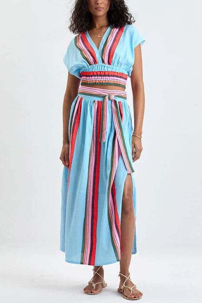 Cardydony Women's Stylish Striped Print V-neck Cropped Top and Elastic Waist Casual Maxi Skirt Set