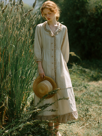 Cardydony Retro Lace Patchwork Design Casual Linen Dress