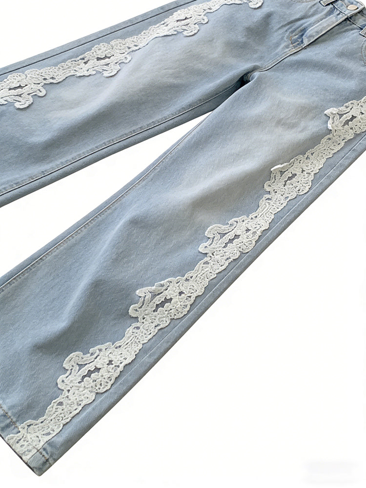 Cardydony Vintage Bohemian Lace-paneled Distressed Washed Denim Jeans