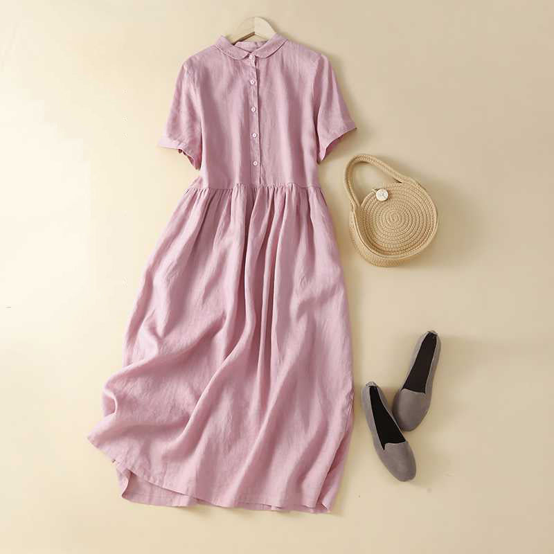 Cardydony Women's Solid Color Linen Blend Lapel Dress