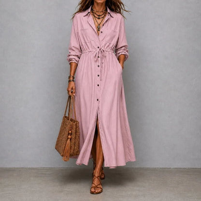 Cardydony Elegant Long-sleeved Drawstring Waist Shirt Dress Maxi Dress