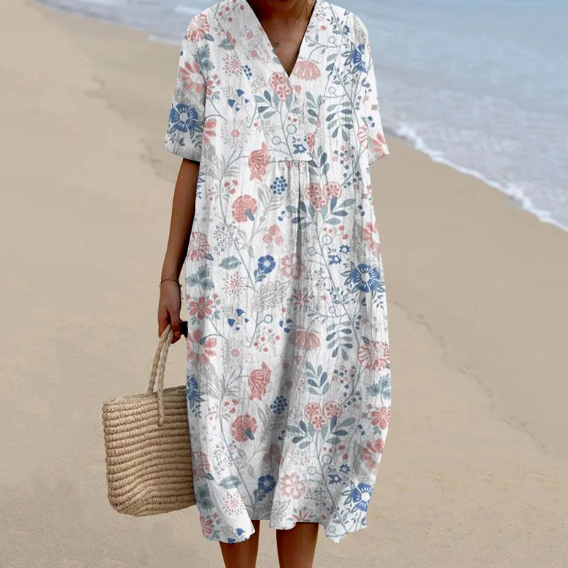 Cardydony Women's Pastoral Floral Art Print Casual Cotton Linen Dress