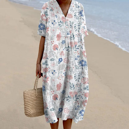 Cardydony Women's Pastoral Floral Art Print Casual Cotton Linen Dress