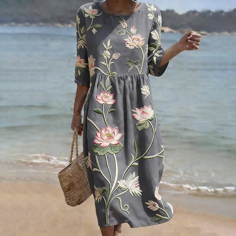 Cardydony Vintage Lotus Art Pattern Linen Blend Loose Three-quarter Sleeve Dress