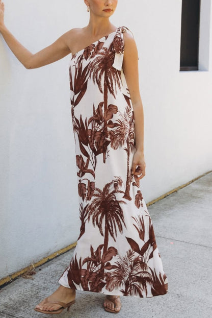 Cardydony Women's Botanical Print Sleeveless One-shoulder Casual Vacation Maxi Dress