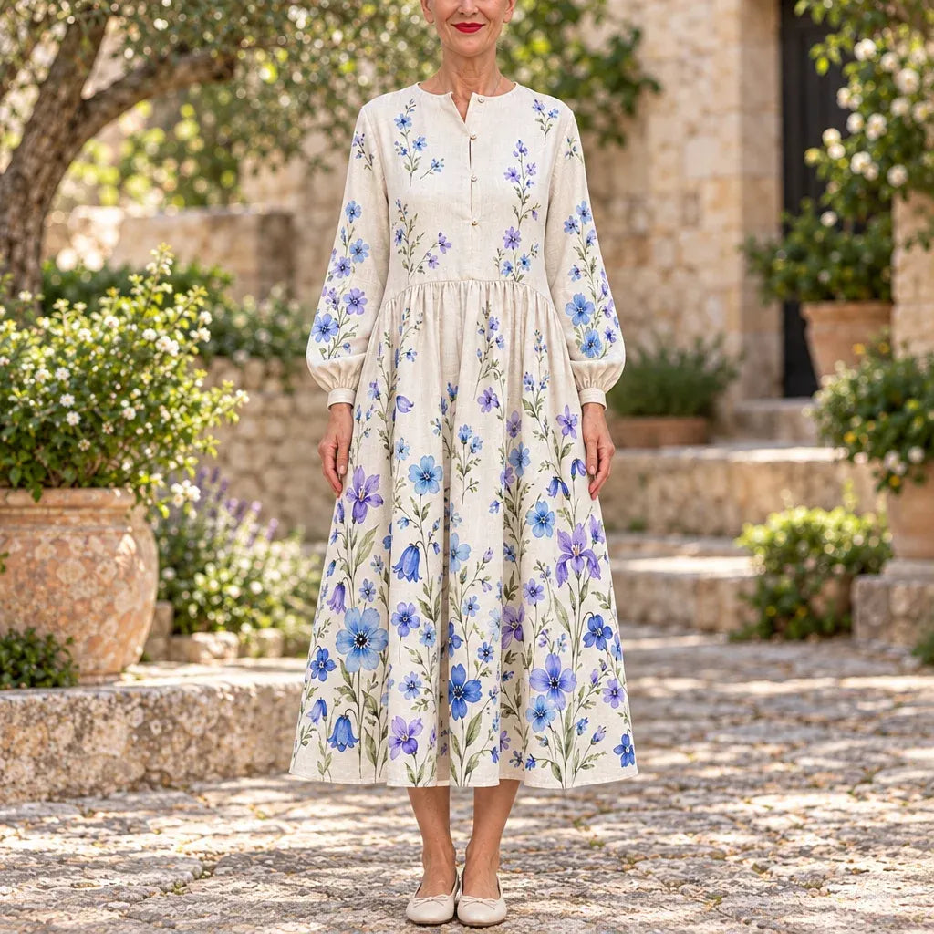 Cardydony Women's Bohemian Blue Purple Wildflower Print Loose Fit Button Detail Long Sleeve Midi Dress
