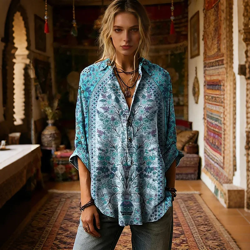 Cardydony Women's Retro Ethnic Floral Pattern Art Print Casual Long-sleeved Shirt