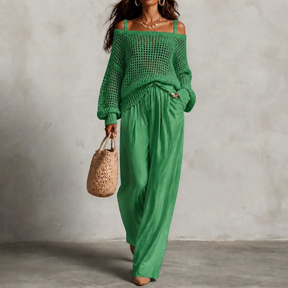 Cardydony Elegance Two-piece Set: Openwork Knit Top And Wide-leg Pants