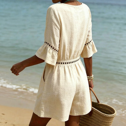 Cardydony Women's Vintage Hollow-out Design Cotton Linen Mini Jumpsuit