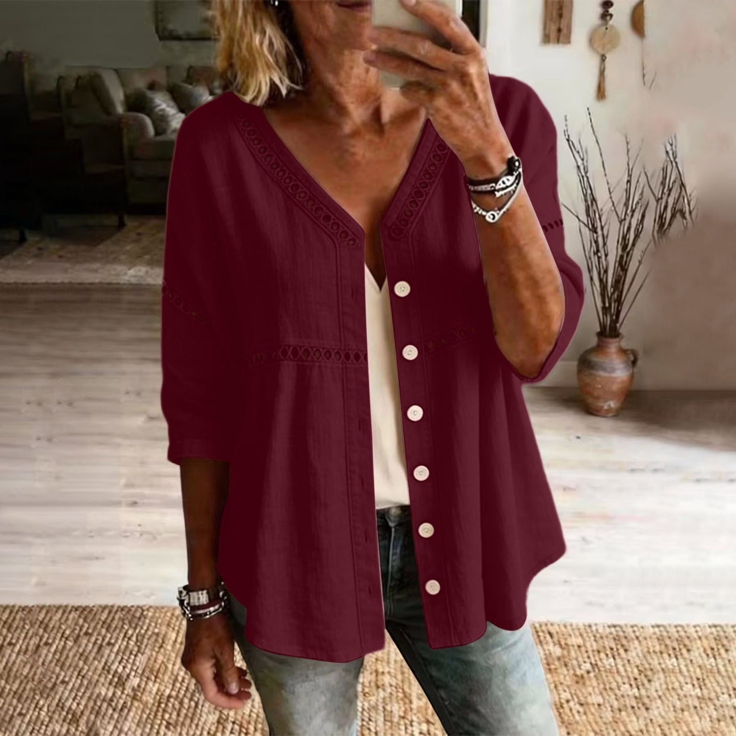 Cardydony Women's Solid Color Openwork Lace Patchwork Comfortable Linen Blend Cardigan