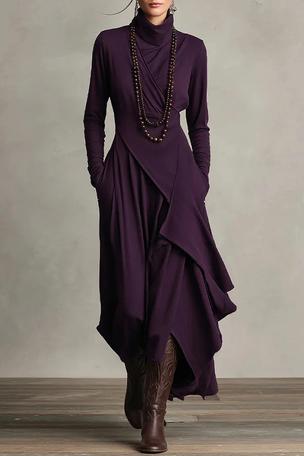 Cardydony Women's Solid Color High-neck Long-sleeved Irregular Casual Maxi Dress