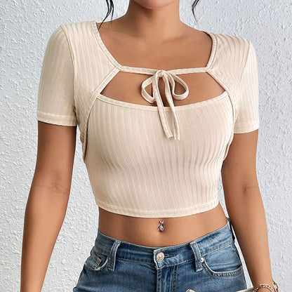 Cardydony Women's Ribbed Bow Tie Crop Top - Short Sleeve with Keyhole Cutout