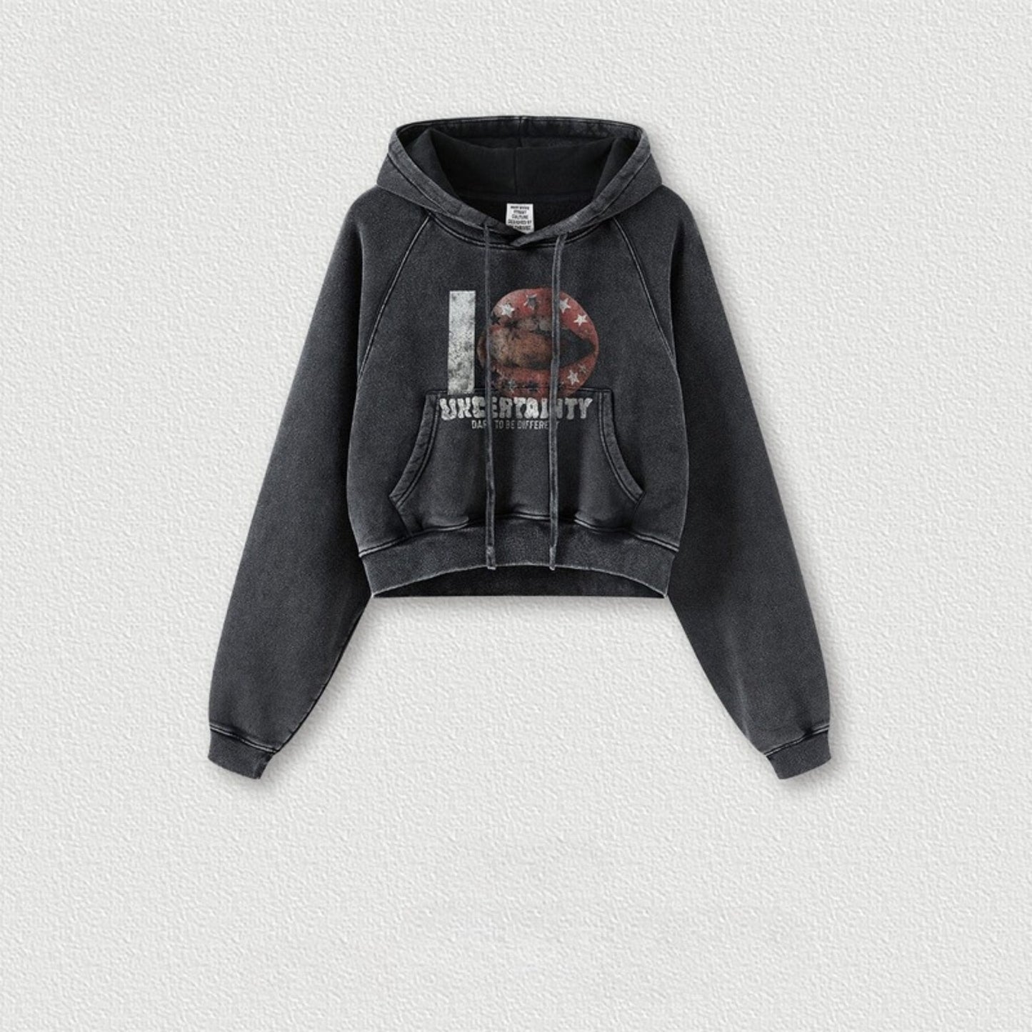 Cardydony Women's Vintage Print Cropped Hoodie | Y2K Washed Black