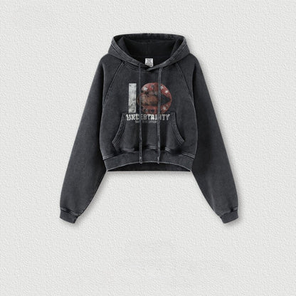 Cardydony Women's Vintage Print Cropped Hoodie | Y2K Washed Black