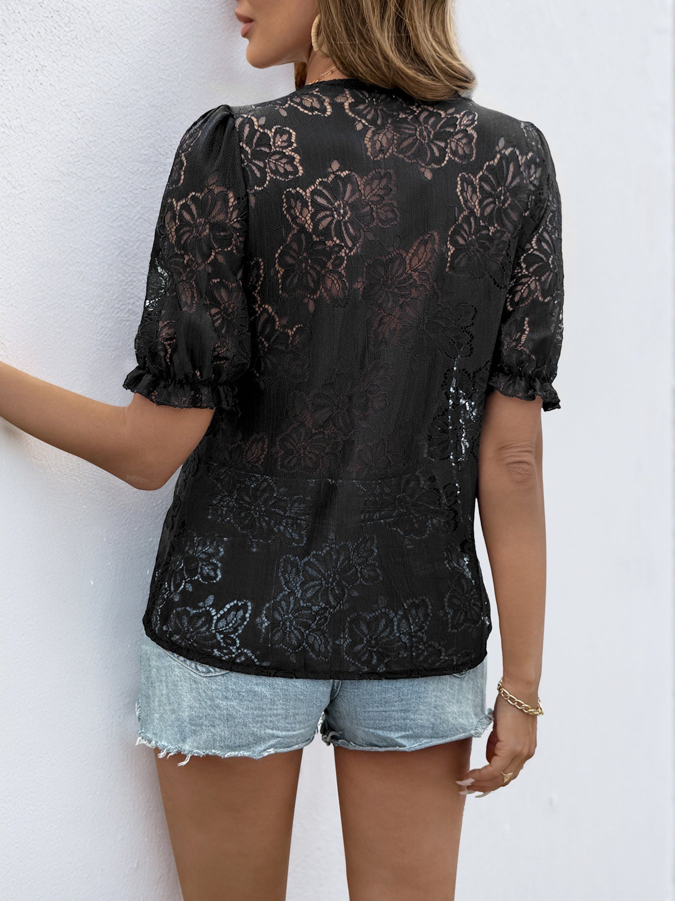 Cardydony Women's Women's Lace Button Blouse | Short Sleeve V-Neck Top