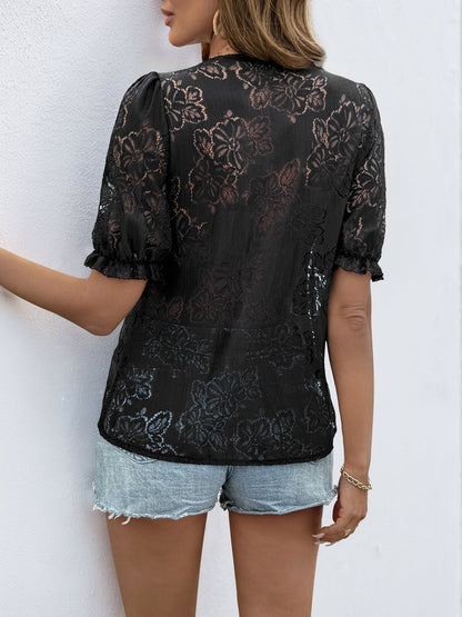 Cardydony Women's Women's Lace Button Blouse | Short Sleeve V-Neck Top