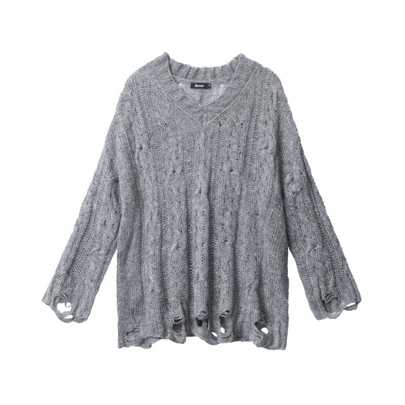 Cardydony Women's Oversized Cable Knit Sweater | Distressed V-Neck Pullover