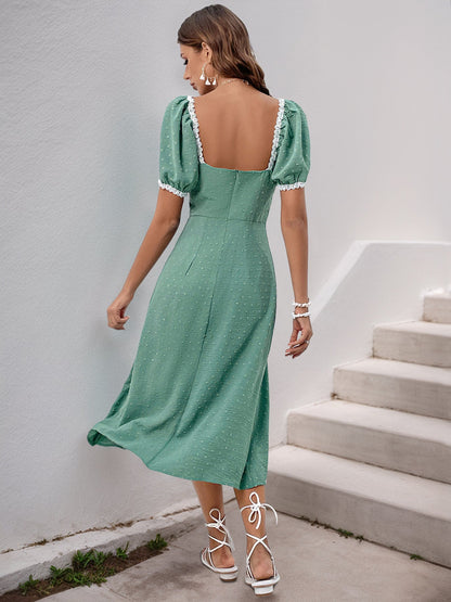 Cardydony Women's Green Puff Sleeve Midi Dress – Vintage Boho Summer Style