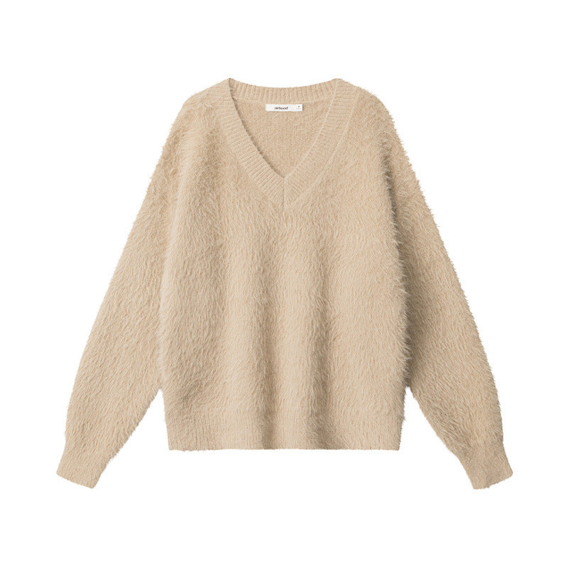 Cardydony Women's Fluffy V-Neck Sweater | Soft Fuzzy Winter Pullover