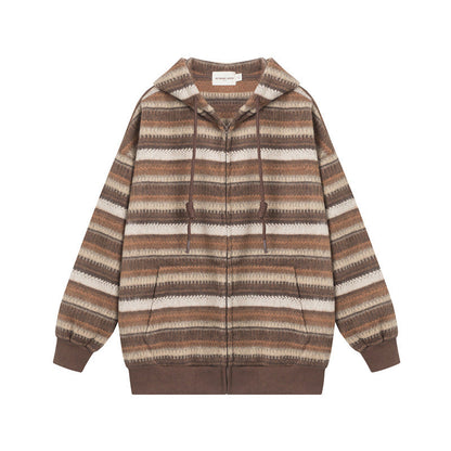 Cardydony Women's Vintage Striped Knitted Hooded Jacket