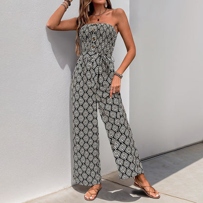 Cardydony Women's Strapless Wide-Leg Jumpsuit | Boho Smocked Summer Romper