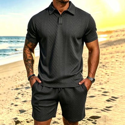 Cardydony Men's Leisure Textured Polo Shirt And Shorts Two Piece Set
