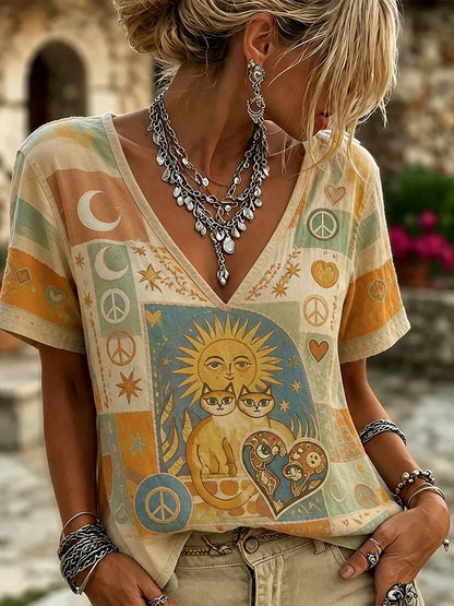 Cardydony Retro Hippie Style Sun Cat Patchwork Peace Symbol Moon And Heart Pattern T-shirt