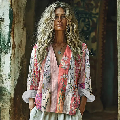 Cardydony Vintage Boho Bohemian Ethnic Floral Patchwork Linen V-neck Tunic