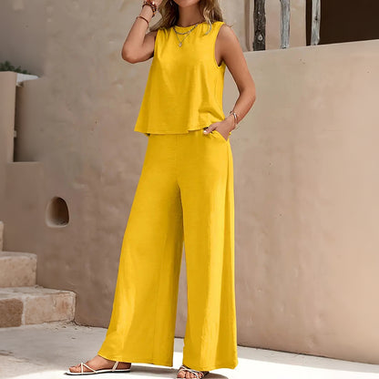 Cardydony Elegant Solid Color Crew Neck Tank Top And Wide Leg Pants Two Piece Set