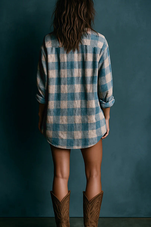 Cardydony Women's Plaid Print Loose Long-sleeved Shirt Style Mini Dress
