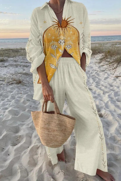 Cardydony Women's Sun-drenched Print Oversized Shirt and Elastic Waist Pocket Pants Set