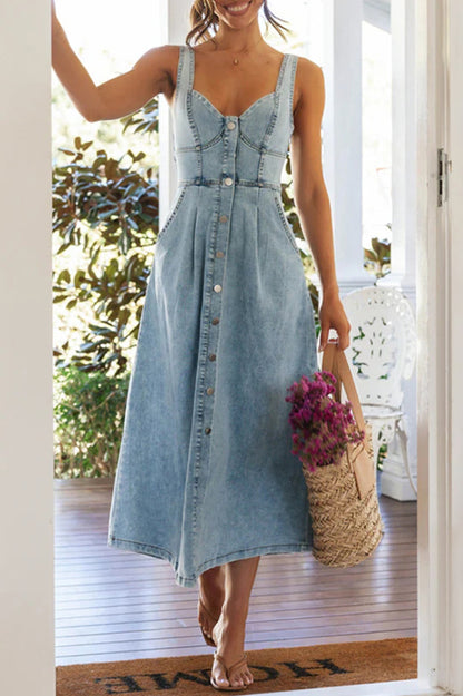 Cardydony Women's Stylish Single-breasted Fitted Waist Gathered Back Denim Maxi Dress