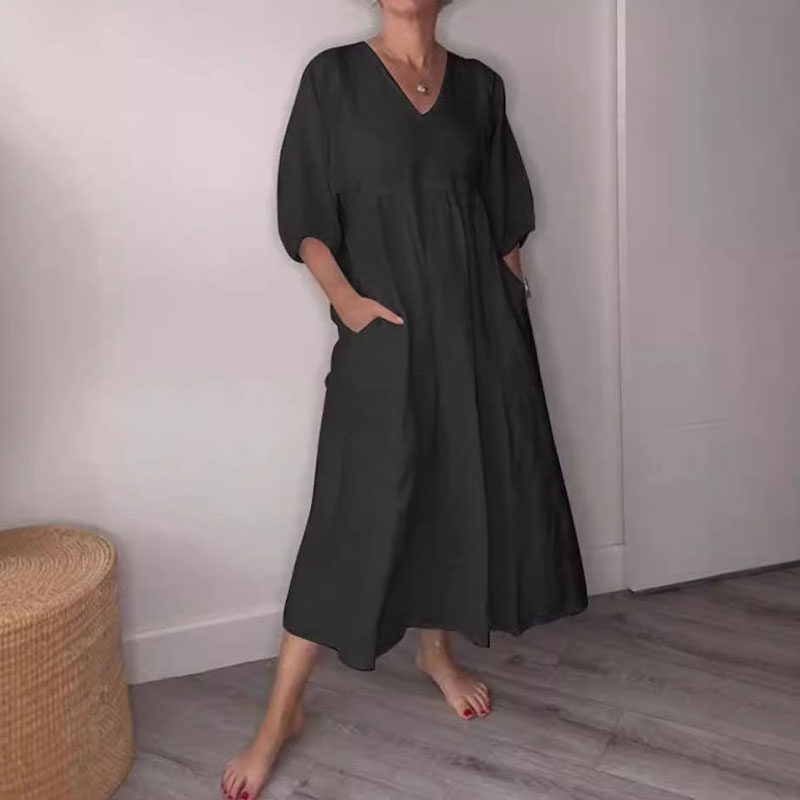 Cardydony Casual Cotton Linen Deep V-neck Pleated Solid Color Pocket Dress