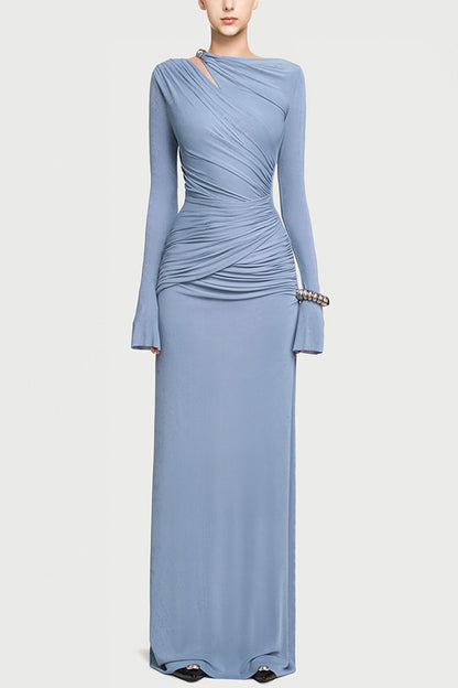 Cardydony Women's Stylish Long-sleeved Slim-fit Pleated Elegant Maxi Dress