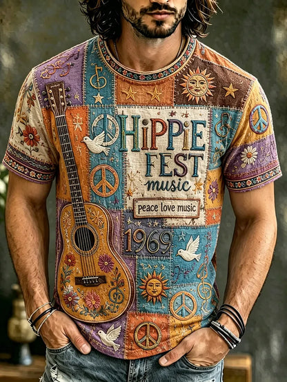Cardydony Men's Peace Sign And Guitar Hippie Patchwork Print T-shirt