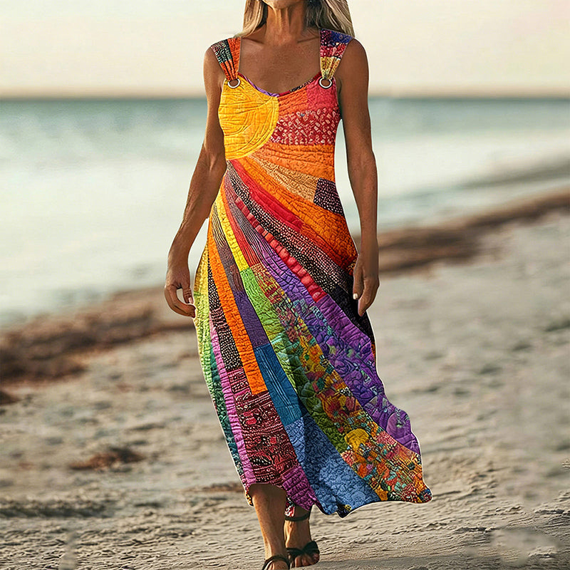 Cardydony Women's Colorful Sun Collage Art Linen Blend Sleeveless Dress