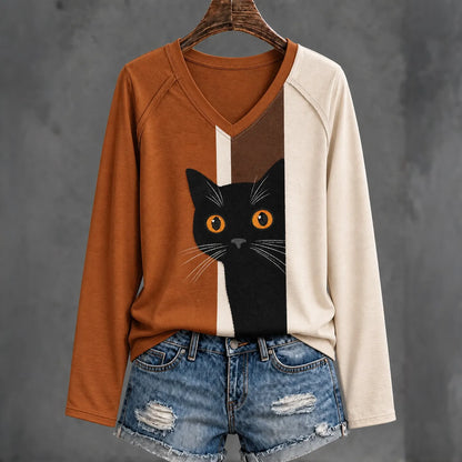 Cardydony Women's Cute Peeking Black Cat Abstract Art Print Casual Long-sleeve T-shirt