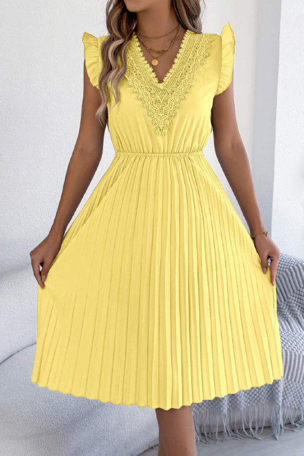 Cardydony Women's Solid Color V-neck Lace-trimmed Sleeveless Casual Pleated Midi Dress
