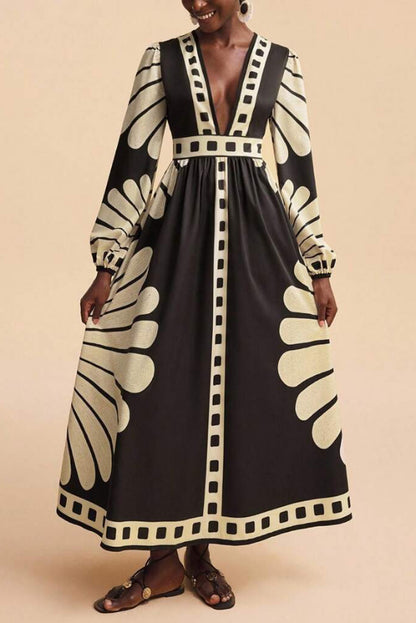 Cardydony Women's  Unique Print V-Neck Long Sleeve Casual Vacation Maxi Dress