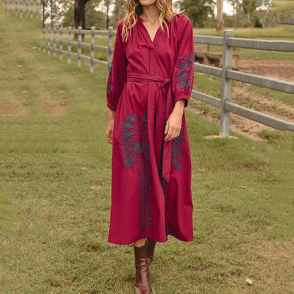 Cardydony Vintage Belted Embroidered Cotton Dress