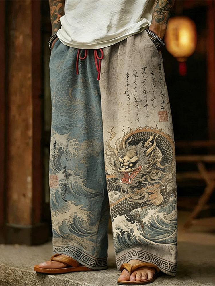 Cardydony Men's Retro Calligraphy Dragon With Waves Art Linen Pants