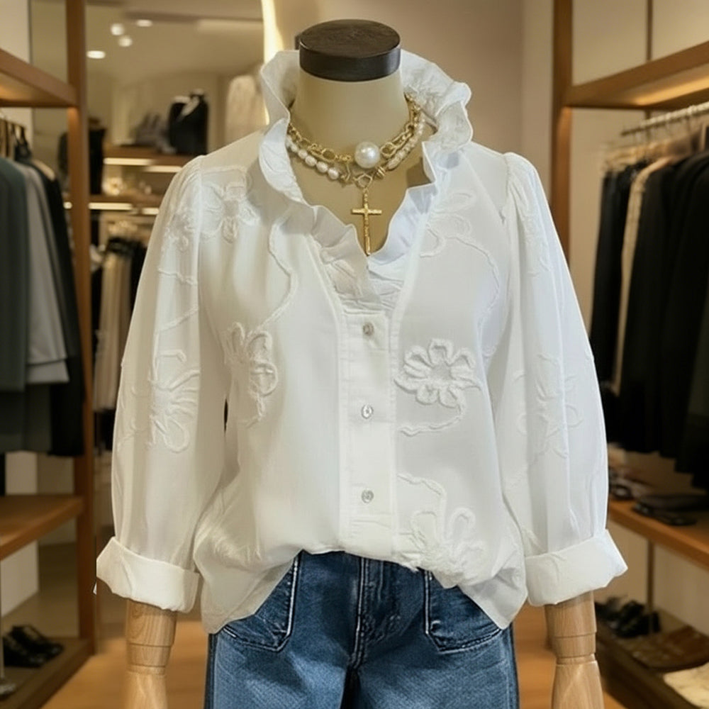 Cardydony Vintage Floral Pattern Ruffled Collar Comfy Shirt