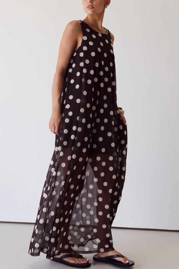 Cardydony Women's  Polka Dot Print Loose Round Neck Sleeveless Mesh Casual Maxi Dress