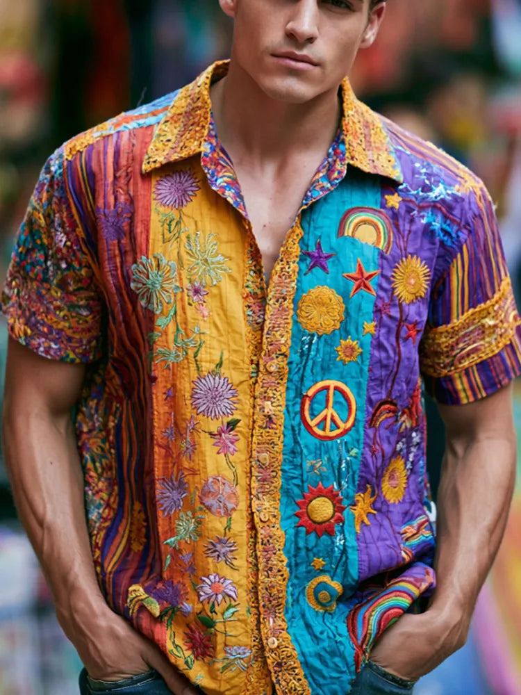 Cardydony Men's Peace Symbol And Floral Art Hippie Embroidered Patchwork Casual Short Sleeve Shirt