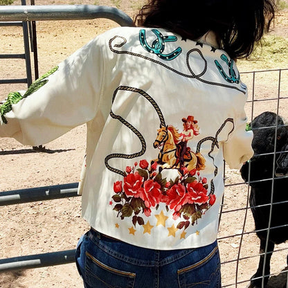 Cardydony Casual Cactus Western Style Cowgirl Rodeo Long Sleeve Pocket Shirt