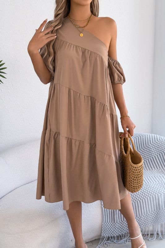 Cardydony Women's Solid Color Loose Slash Neck Short-sleeved Casual Midi Dress