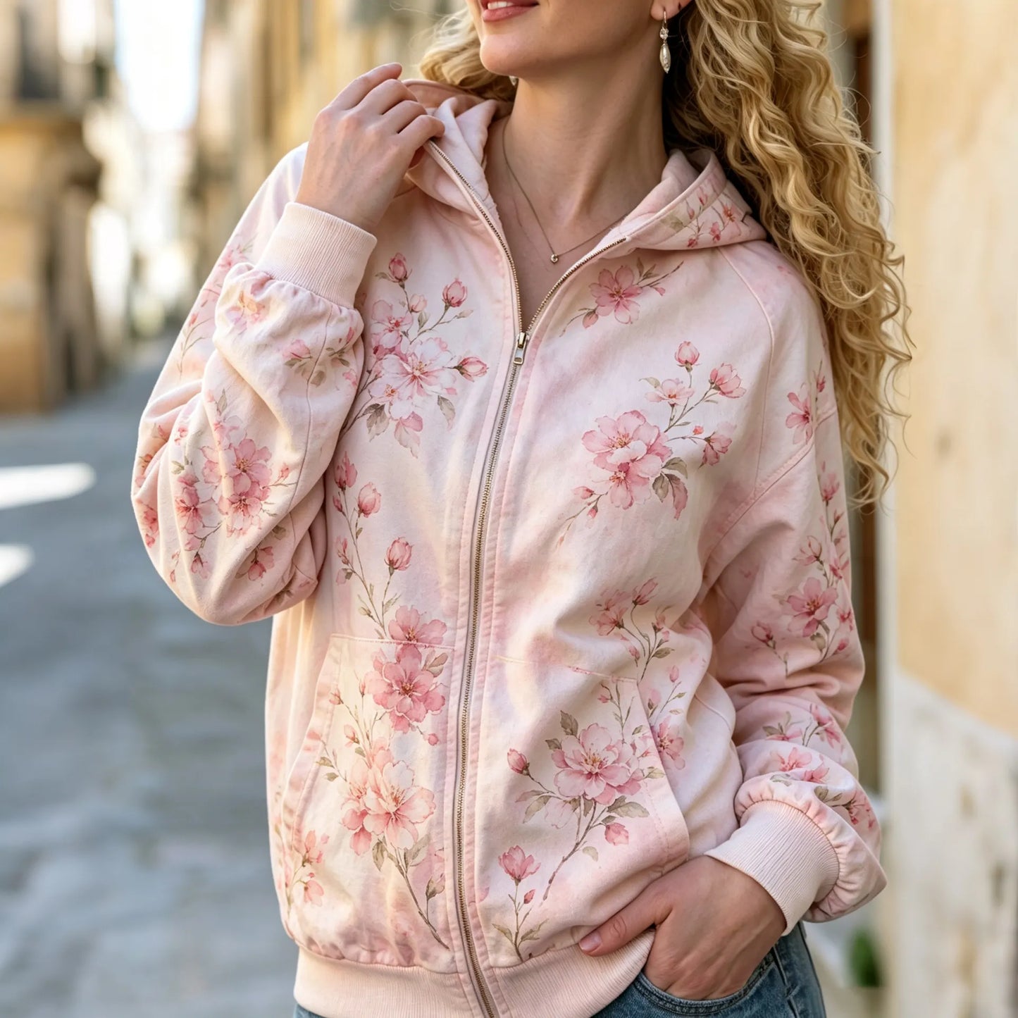 Cardydony Women's Floral Art Print Casual Zip Up Hoodie