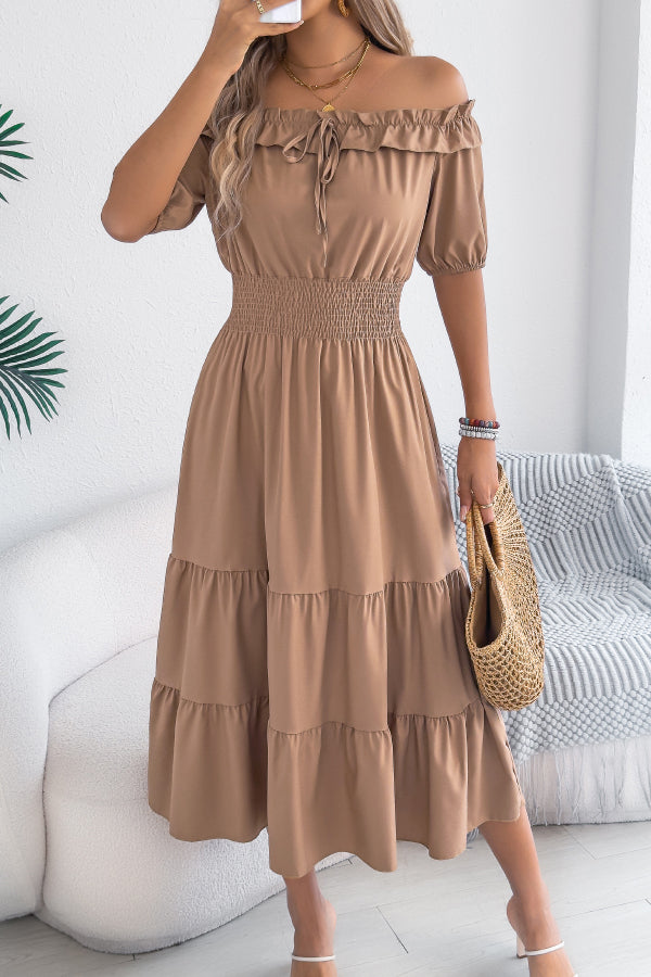 Cardydony Women's Stylish Off-shoulder Short-sleeved Pleated Waist Casual Midi Dress