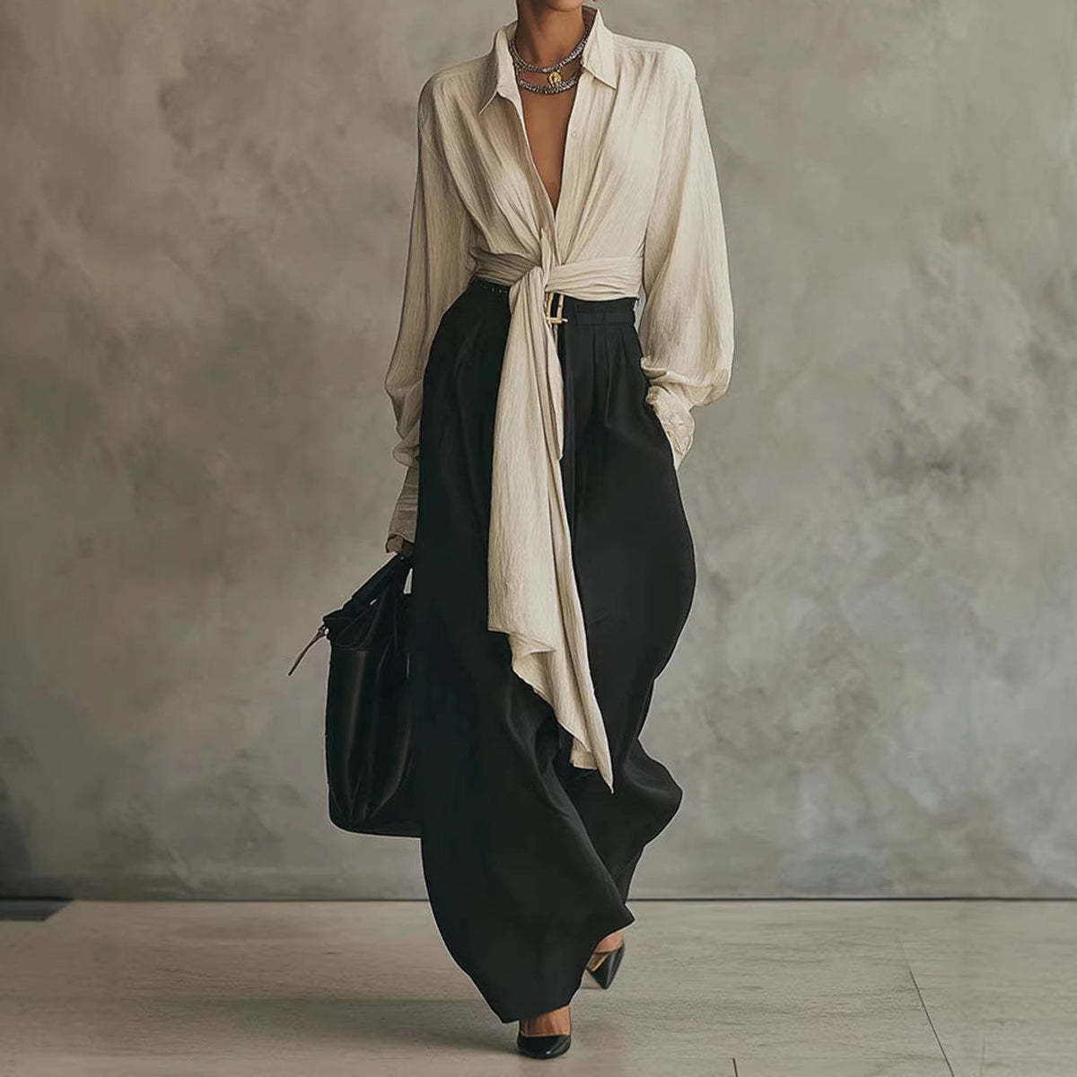 Cardydony Women's Shirt And Drapey Wide-leg Pants Two-piece Set